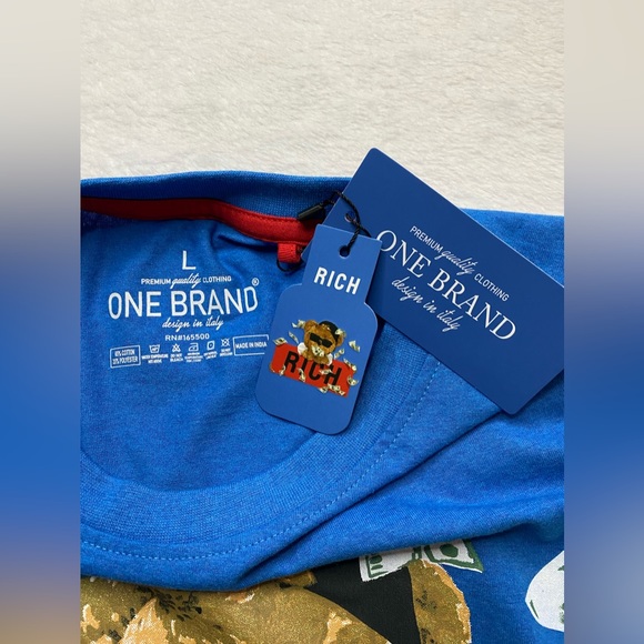 “Rich” Money Teddy Bear Tee Men’s Sz L Blue Graphic T-Shirt ONE BRAND MSRP $26 - Picture 4 of 7